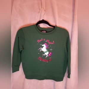 Green 3/4 sleeve Unicorn Have a Magical Christmas top.